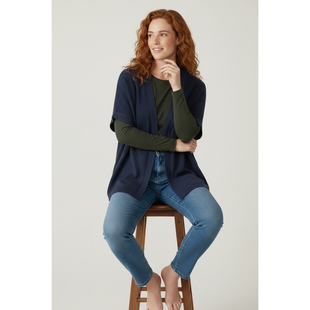 J. Jill Cardigan Sweater Coastal Chic XL Navy Relaxed Mixed Knit Short Sleeve
